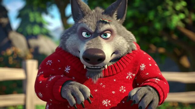 Close up animated wolf character in red snowflake sweater bright lighting digital illustration commercial use