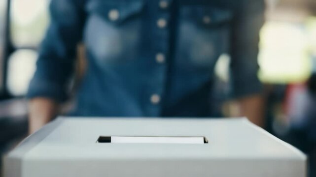Symbolische Abstimmung &ndash; Hand wirft Stimmzettel in Wahlurne. K&uuml;nstliche Intelligenz KI