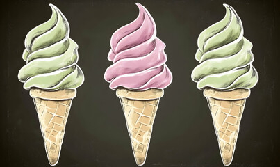 Delicious hand-drawn ice cream cones in pistachio, strawberry, and matcha flavors, illustrated on a chalkboard background; perfect for summer menus, advertisements, or food blogs.