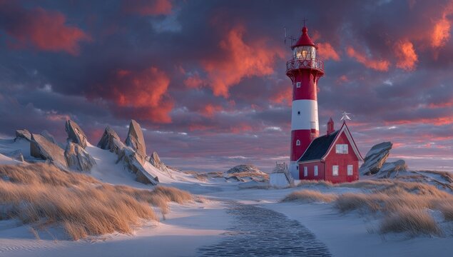 Vuurtoren Lighthouse on Ameland Island is accessible via a scenic path that winds through dunes, as captured from a drone