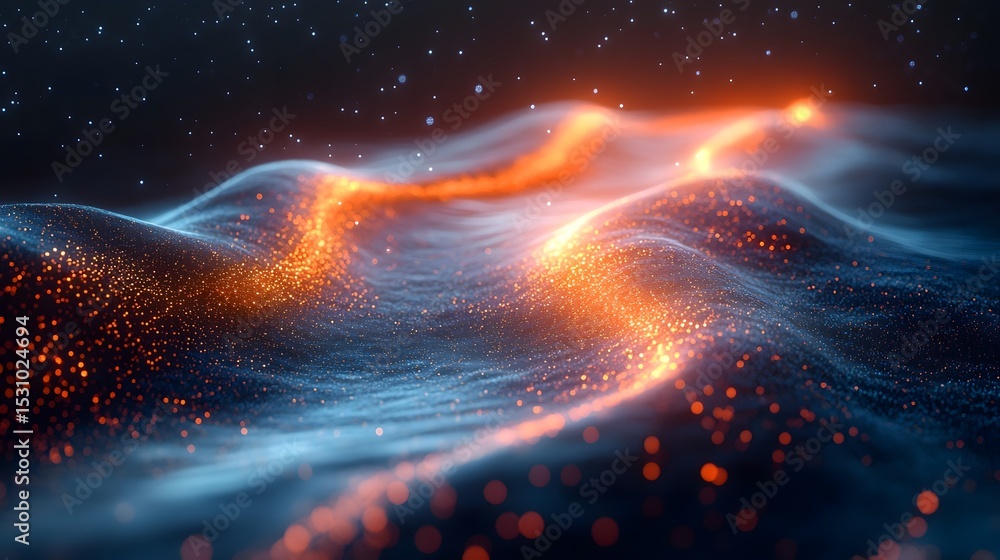 Poster visualization of a digital river of interconnected human figures flowing into a glowing data driven 