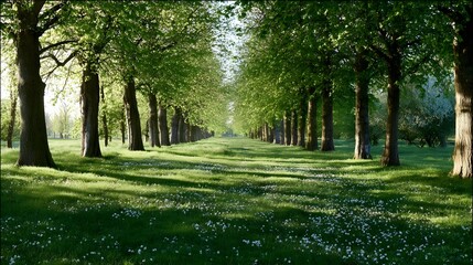 Obraz premium A serene and tranquil green park with evenly spaced tall trees creating a symmetrical natural corridor