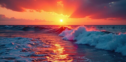 Fototapeta premium Fiery sunset casts long shadows on surging waves , energy, foam