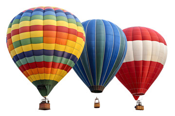 Fototapeta premium Three hot air balloons in the sky with different colors and patterns against a black background view