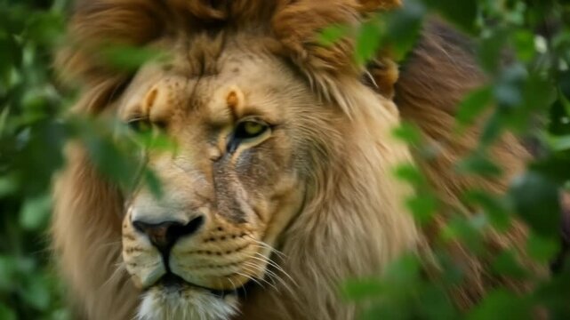 Close up shot of a majestic lion partially hidden by vibrant green leaves in a natural outdoor setting