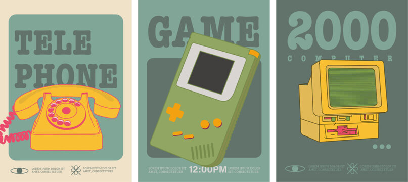 Retro Tech Icons Posters - A vibrant set of flat, nostalgic designs featuring a classic telephone, handheld game console, and early 2000s computer