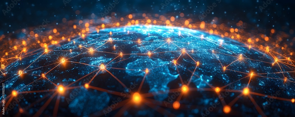 Poster an abstract visualization of the interconnected global network of technologies infrastructure and da