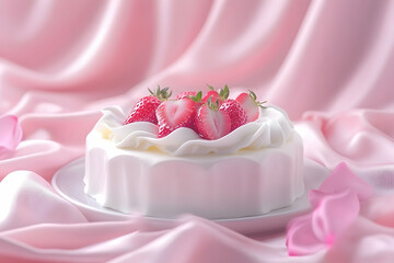Delicious strawberry shortcake on pink silk; romantic, elegant dessert; perfect for Valentine's Day or special occasion.