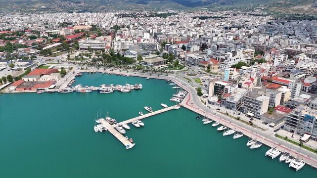 Aerial view of the cityscape of Volos, Greece, with old fishing port and old town