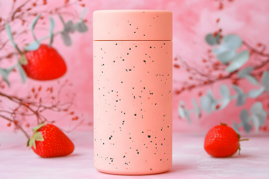Stylish pink speckled tumbler with strawberries and eucalyptus branches in the background. Perfect for summer drinks or healthy smoothies.