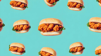 Delicious crispy chicken sandwiches arranged in a vibrant, repeating pattern against a turquoise backdrop. Perfect for food blogs, menus, and advertising.