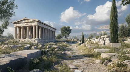 Ancient Greek Temple and Ruins under a Sunny Sky
