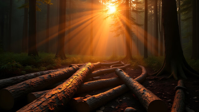 Serene Forest Sunset with Sunbeams Illuminating Fallen Logs for Nature and Relaxation Themes