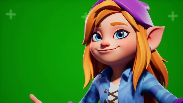 Closeup cartoon female character against green screen digital image