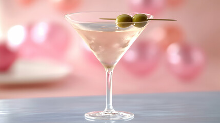 Refreshing martini cocktail garnished with olives, set against a blurred pink background perfect for celebratory occasions.