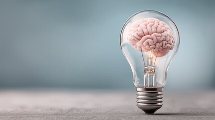 A light bulb features a realistic human brain inside it, symbolizing the concept of ideas and intelligence. The background is softly lit, enhancing the creative ambiance.