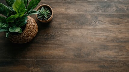 A Tranquil Scene Featuring a Single Pot of Green Plants on a Rustic Wooden Table for Your Calm Ambiance