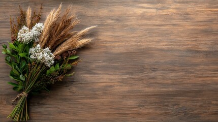 A Beautiful Bunch of Flowers Exquisitely Arranged on Natural Wooden Surface with Plenty of Space for Text