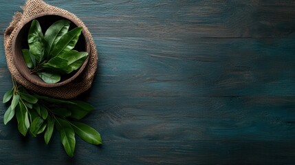 A Beautiful Arrangement of Fresh Aromatic Basil Leaves in a Unique Basket on Rustic Wooden Floor