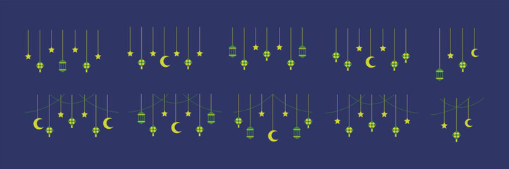 Hanging decorations in the form of lanterns, stars, moons, and ketupat in gold and green for Islamic holidays