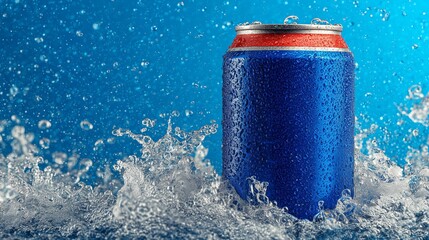 Cold beverage can splashing in water against a vibrant blue background