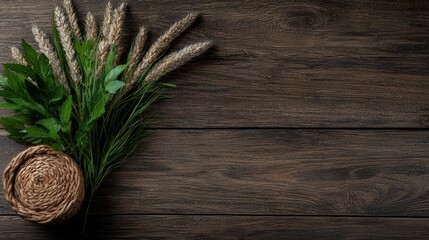 A Beautiful Bunch of Wheat Presenting on a Wooden Table with Room for Text Design