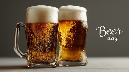 Celebrate beer day with refreshing frosty mugs filled with golden brew on a simple gray background