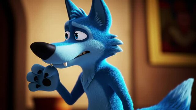 Closeup image of a sad animated blue wolf character