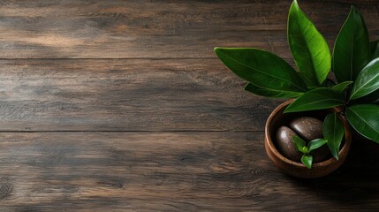 A Serene Plant in a Rustic Wooden Bowl on a Table Perfect for Minimalist Spaces and Creative Design
