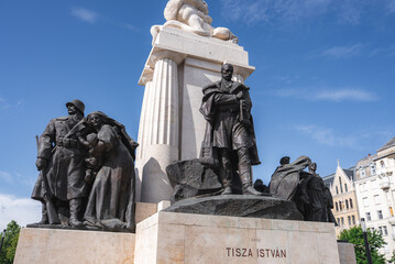 The Tisza Istvan Memorial in Budapest, Hungary, features a central statue of Count Istvan Tisza,...