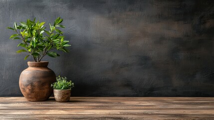 A Beautiful Potted Plant Set Against a Rustic Wooden Table with Ample Space for Your Text