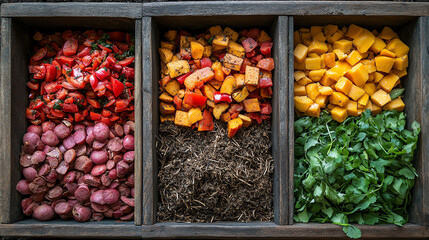 Colorful assortment of fresh vegetables and herbs neatly arranged in wooden trays, perfect for healthy cooking and meal preparation.