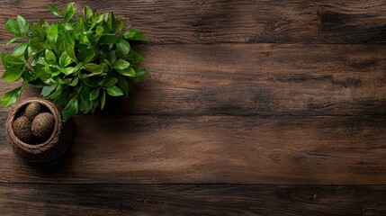 A Charming Plant in a Basket on a Rustic Wooden Table Perfect for Interior Decor Inspiration