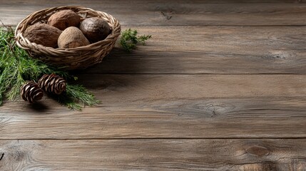 A Beautiful Basket of Fresh Mushrooms and Pine Branch Perfect for Your Nature Inspired Projects