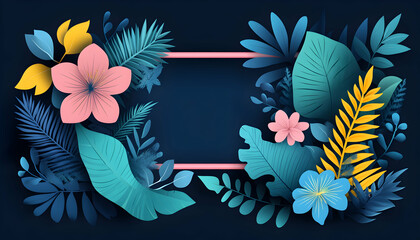 Vibrant tropical leaves and flowers surrounding a blank pink banner, ideal for text or logo placement.  Perfect for summer or vacation themes.