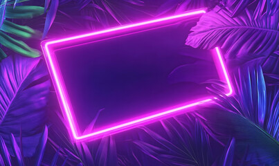 Vibrant neon pink rectangular frame surrounded by lush, purple-hued tropical leaves, creating a trendy, modern backdrop.