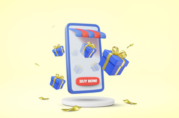3D illustration vector render of luxury design gift box floating out of mobile phone screen online store on a round podium with ribbons scattered around. Special promotion, giveaway, festival concept.