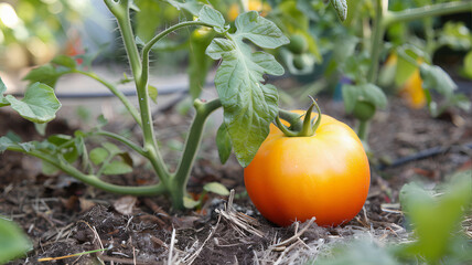 Obraz premium Red tomato in the garden. Ripe fresh tomato in the garden. Tomato plants, field photosynthetic elements. Red tomato growing on the vine on the farm. Tomatoes on the vine sustainable development food
