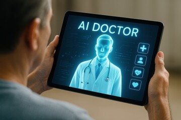 Patient consults with AI doctor using tablet for medical advice and guidance
