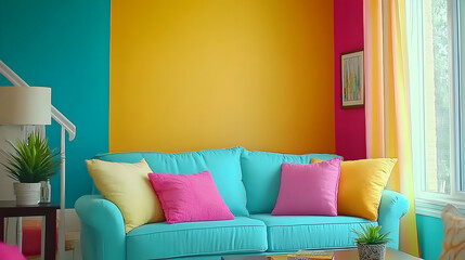 Vibrant teal sofa with colorful pillows in a room with bold yellow, pink, and turquoise walls. Sunny interior design.