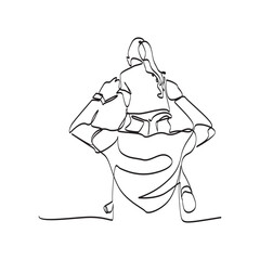 Line drawing of father and daughter. Rear view of father carrying his daughter on his shoulder
