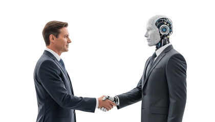 Handshake between a human and a robot in a suit on png background.