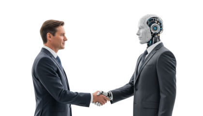 Handshake between a human and a robot in a suit on png background.