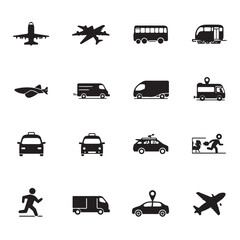 Transportation icons set black silhouettes on white background