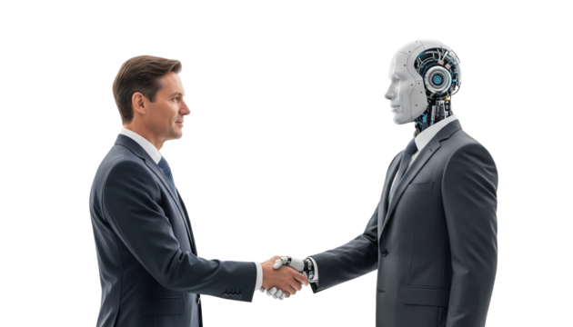 Handshake between a human and a robot in a suit on png background. - Powered by Adobe
