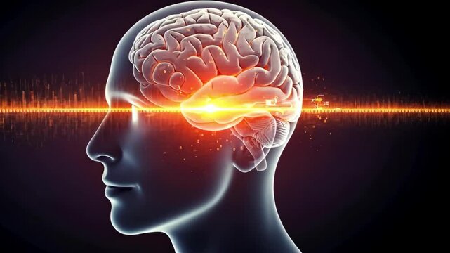 Abstract representation of a brain with digital elements and glow.