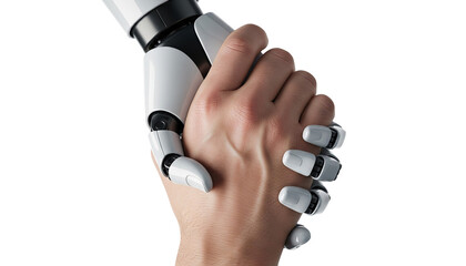 Handshake between human and robot on white background.
