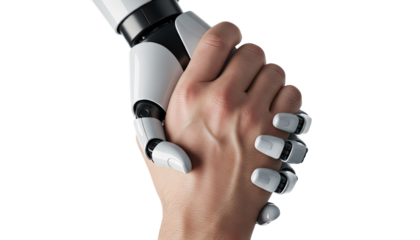 Handshake between human and robot on white background.