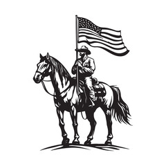 Vector illustration of a cowboy riding a horse while holding the American flag. Depicts patriotism, freedom, and Wild West culture