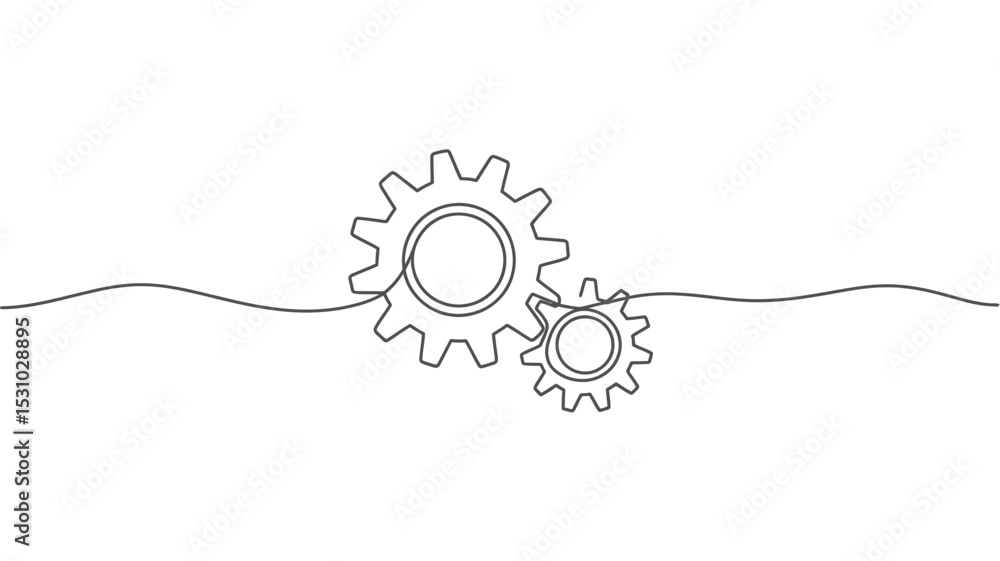 Poster continuous line drawing of two interlocking gears on a white background
